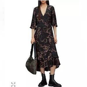 All Saints Black and Pink Patterned Midi Dress